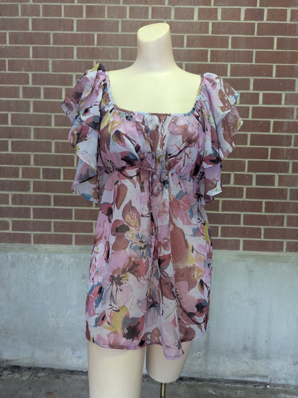 First Love Floral Babydoll L Womens Sheer Cottagecore Flutter Sleeve Soft Girl